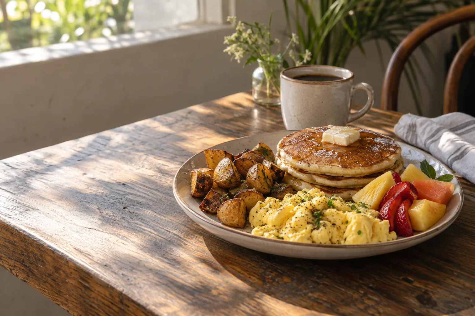 Brunch table with pancakes, eggs, potatoes, fruit and coffee