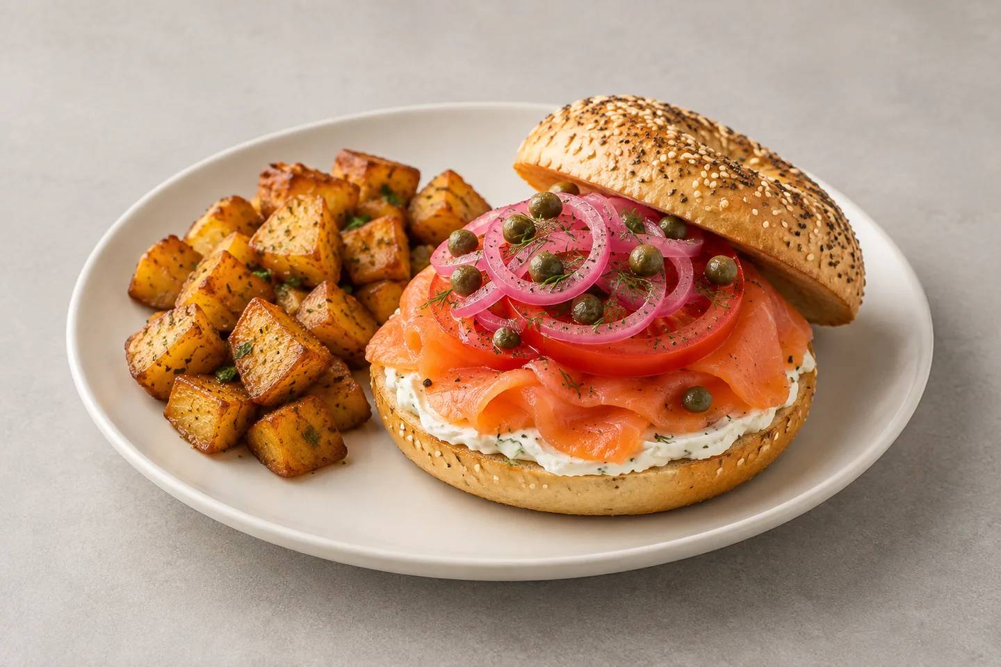 Illustrative smoked salmon bagel with breakfast potatoes
