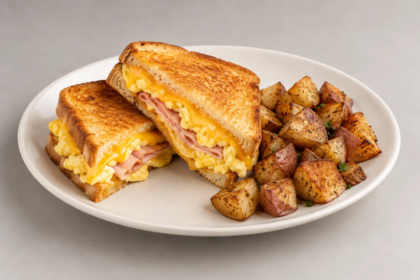 Illustrative breakfast melt with eggs, ham, cheese and potatoes